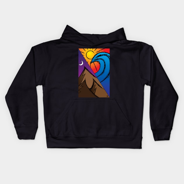 mountains at night on one side, the sunny beach with surf on the other Kids Hoodie by JDP Designs